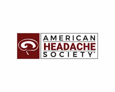 The image shows the logo of the American Headache Society, featuring a stylized brain icon and the organization's name in red and black.