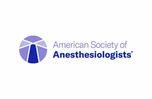 Logo of the American Society of Anesthesiologists, featuring a purple graphic and text. There are no persons, landmarks, or historical buildings visible.