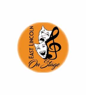 Orange circle with black theatrical masks and musical clef. Text reads "East Lincoln On Stage," indicating a focus on performance arts and theater.