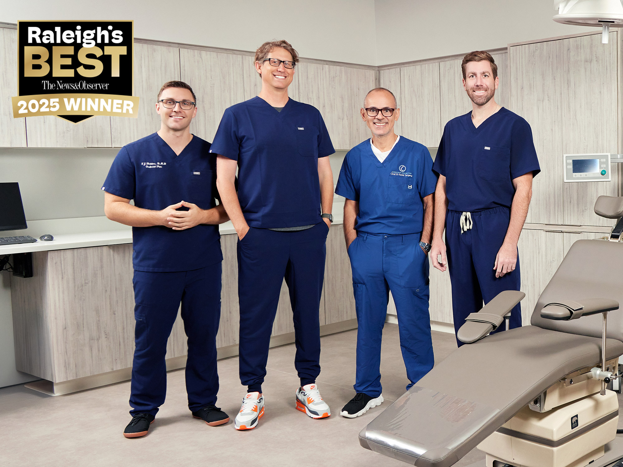 Dr. TJ Robbins, Orofacial Pain Specialist; Dr. Ryan Cook, Prosthodontist & Periodontist; Dr. Roger Moreria, Oral & Maxillofacial Surgeon; and Dr. Chad Dammling, Oral & Maxillofacial Surgeon in Raleigh, NC