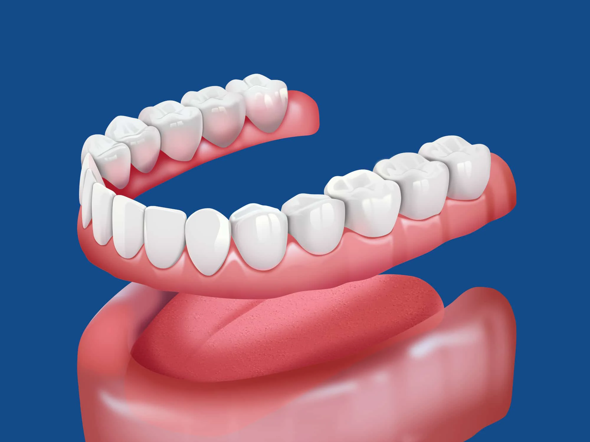 A digital illustration of an open mouth, highlighting detailed upper and lower rows of teeth and the tongue, set against a blue background.