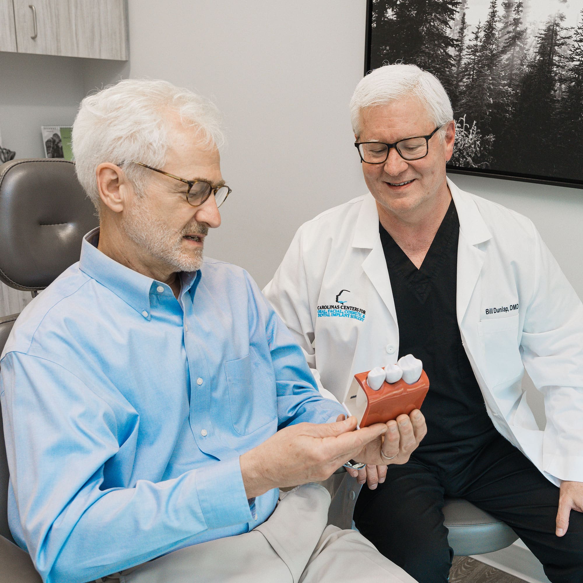 Two people in a dental office, one in a lab coat. They are examining a dental model together, smiling, with a nature photo on wall.