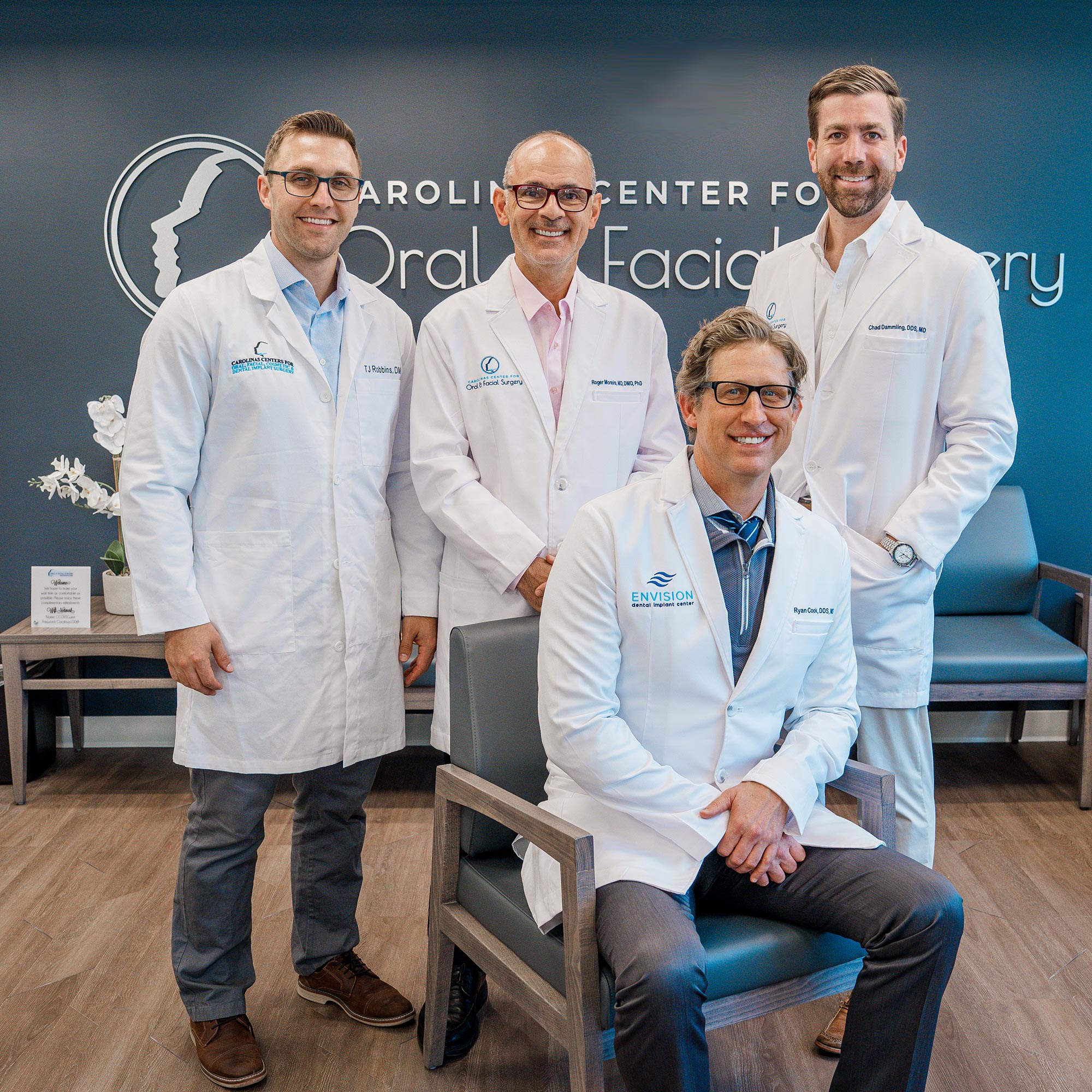 Dr. TJ Robbins, Orofacial Pain Specialist; Dr. Ryan Cook, Prosthodontist & Periodontist; Dr. Roger Moreria, Oral & Maxillofacial Surgeon; and Dr. Chad Dammling, Oral & Maxillofacial Surgeon in Raleigh, NC