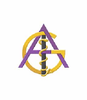 Emblem featuring interwoven purple and gold letters, a vertical rod, and a coiled snake, symbolizing medical or healthcare-related themes.