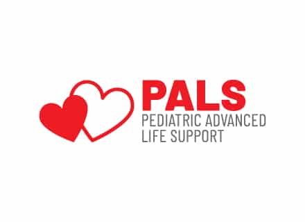 The image features two red hearts and text reading "PALS Pediatric Advanced Life Support" on a white background.