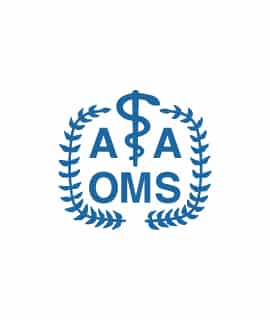 The image features a logo with "AAOMS" and a caduceus symbol with laurel branches, representing a professional medical organization.