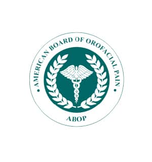 The image shows the American Board of Orofacial Pain logo featuring a caduceus symbol encircled by laurel leaves and the acronym ABOP.