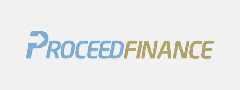 Logo for Proceed Finance with blue and gold text, featuring an arrow design. Slogan "Now You Can" in light blue below the main text.